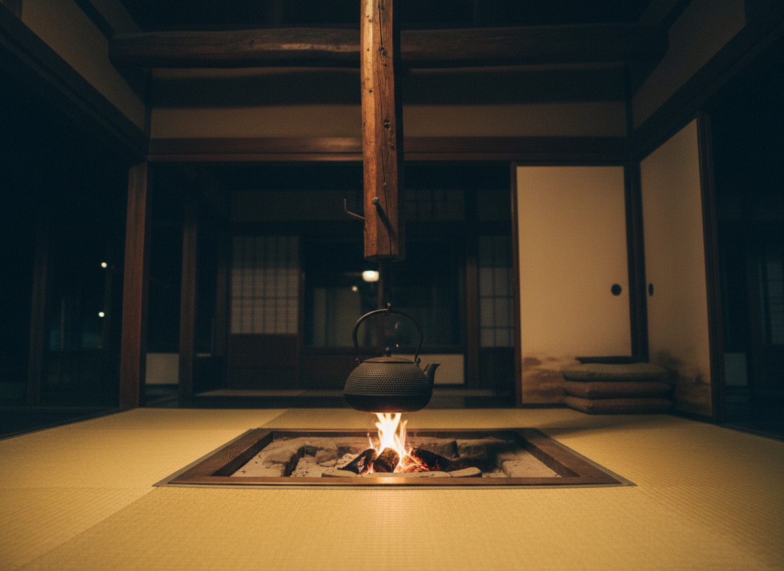 囲炉裏の火を、囲む。
