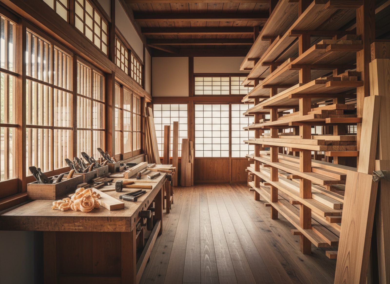 結杜工務店の作業場と木材