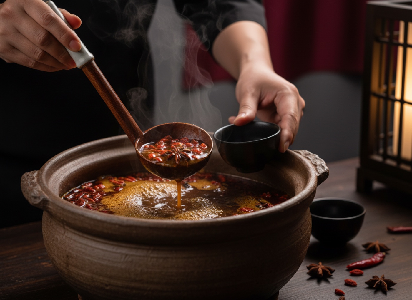 廻の薬膳スープを注ぐ手元